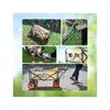 Collage of images showing a beige folding wagon with orange wheels, being used in various outdoor settings and demonstrating its features. Produktbild-Vorschau