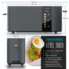 A collage of a toaster, a close-up of its top, and a plate of toast with avocado and a fried egg. Voir les images du produit