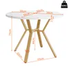 A white round dining table with golden metal legs, shown with dimensions and weight capacity indicated by text and lines. Podgląd zdjęcia produktu