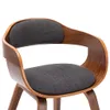 Close-up of a modern chair with a curved wooden frame and dark gray fabric upholstery. Produktbild-Vorschau