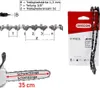 A chainsaw chain and its packaging, along with a diagram illustrating chain specifications and a chainsaw bar with length indication. Produktbild-Vorschau