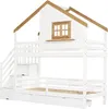 A white and wood bunk bed with a house-like structure and a window. Náhled obrázku produktu