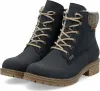 A pair of navy blue women's boots with tan laces and a tan sole, set against a white background. Voir les images du produit