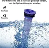 A blue vacuum cleaner filter is shown submerged in water, with text and icons indicating it is washable and reusable. Produktbild-Vorschau