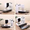 Collage of four images showcasing a white and black sewing machine from different angles, placed on a table with some fabric and spools of thread. Produktbild-Vorschau