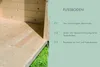 A close-up view of a wooden floor inside a structure, with text describing the floor's features on the right side. Produktbild-Vorschau