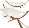 Two views of a white fabric hammock with a wooden stand, shown against a white background. Náhled obrázku produktu