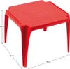 A red plastic children's table with dimensions indicated. Produktbild-Vorschau