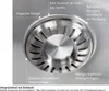 A close-up view of a stainless steel sink drain with descriptive text highlighting its features. Produktbild-Vorschau
