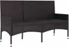 A dark brown, three-seater outdoor bench made of woven poly rattan with black cushions, presented on a white background. Produktbild-Vorschau