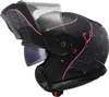 A black motorcycle helmet with pink and gray decorative patterns, shown from a side-diagonal view with the chin bar and visor lifted. Náhled obrázku produktu