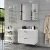 A modern bathroom vanity set with a sink, mirror, and storage cart against a tiled wall. Produktbild-Vorschau