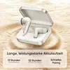 White wireless earbuds in an open charging case, placed on a textured sandy or furry surface. Produktbild-Vorschau