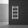 A white towel radiator is mounted on a dark tiled wall in a modern bathroom setting. Podgląd zdjęcia produktu