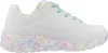 A side view of a white sneaker with a colorful heart pattern on the sole and pastel accents. Voir les images du produit