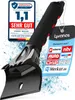 A close-up shot of an ice scraper with various marketing labels and certifications. Produktbild-Vorschau