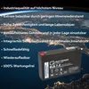 A battery is shown in front of a background image of Earth from space, with text listing product features. Produktbild-Vorschau