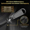 Close-up of a zipper on a black fabric product, with text overlays highlighting features. Produktbild-Vorschau