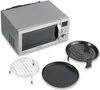 A silver microwave oven with accessories displayed on a white background. Produktbild-Vorschau