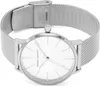 A close-up, studio shot of a silver Armani Exchange women's watch with a white face and a mesh band. Voir les images du produit