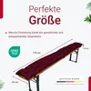 A burgundy bench cushion on a wooden bench, with dimensions and certifications displayed. Produktbild-Vorschau