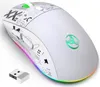 A white gaming mouse with RGB lighting and decorative graphics, shown with a USB receiver. Produktbild-Vorschau