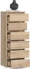 A tall, narrow chest of drawers with six drawers, made of light brown wood-effect material. A black decorative object and a book are placed on top. Voir les images du produit
