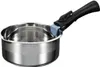 A stainless steel saucepan with a detachable black handle is shown against a white background. Voir les images du produit