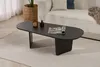 A black oval coffee table is placed on a light gray rug in front of a cream-colored sofa. The table has a magazine, a candle, and a diffuser on it. A woven basket with a plant is visible in the background. Voir les images du produit