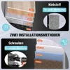Infografik mit zwei Installationsmethoden: Kleben für glatte Oberflächen wie Glas, Holz, Fliesen, Metall, Marmor; und Schrauben für unebene Oberflächen wie Ziegel, Trockenbau, gestrichene Wände, Tapeten Voir les images du produit