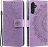 A purple flip case for a Samsung Galaxy A54 5G phone, decorated with a mandala pattern, is shown open and closed. Produktbild-Vorschau