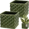 Two green ceramic planters with a geometric pattern, one with a snake plant inside, and a small product label. Produktbild-Vorschau