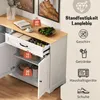 A white sideboard with a wooden top, showing its interior compartments and drawers. Marketing text and icons are overlaid on the right side. Produktbild-Vorschau