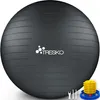 A dark gray exercise ball with the brand logo and a yellow and blue pump are shown. Produktbild-Vorschau