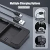 A product image showcasing multiple charging options for a camera battery charger. Náhled obrázku produktu