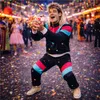 A man in a retro tracksuit is throwing candy in the air during a street festival. Voir les images du produit