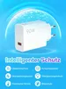 A white 90W USB-C charger is shown against a bright blue background with a glowing spherical overlay. Below the charger, text and icons describe its intelligent protection features. Produktbild-Vorschau