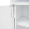 A close-up view of a white cabinet door hinge and shelf. Voir les images du produit