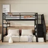 A loft bed with a sofa underneath, set up in a bedroom. Produktbild-Vorschau