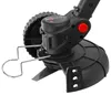 Close-up view of the cutting head and wheel of a black electric trimmer. Podgląd zdjęcia produktu