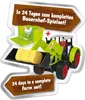 A toy tractor with a front loader carrying hay bales, a toy chicken in a green container, and a toy farmer figure. The image is presented as a promotional graphic with text overlays. Anteprima dell’immagine prodotto