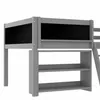 A close-up view of a gray loft bed with a black chalkboard panel on the upper bunk and shelves underneath. Náhľad obrázku produktu