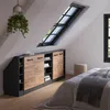 A bedroom with a slanted ceiling, featuring a long storage cabinet under a skylight. Produktbild-Vorschau