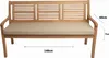 A wooden garden bench with a beige cushion, shown with dimensions indicated by measurement lines and text. Produktbild-Vorschau