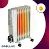 A BROLLUX oil heater with glowing fins, indicating heat, set against a gradient background. Produktbild-Vorschau