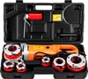 A black plastic case containing an orange and silver pipe threading machine with several red and silver attachments. Podgląd zdjęcia produktu