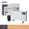 A Perel smart convector heater and its remote control are displayed next to its packaging, with a text overlay indicating "What is in the Box". Anteprima dell’immagine prodotto