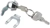 A silver lock with a key and a metal clip on a white background. Produktbild-Vorschau