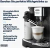 A close-up of a DeLonghi coffee machine making a milk-based drink, with descriptive text on the left. Voir les images du produit