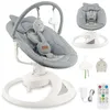 A collage of images showing a baby swing and its accessories, including a remote control and power adapter. Produktbild-Vorschau